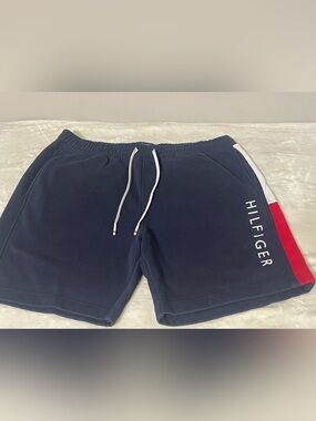 Tommy Hilfiger Mens Navy Blue Logo Fleece Sweat Shorts Drawstring SZ XL Active